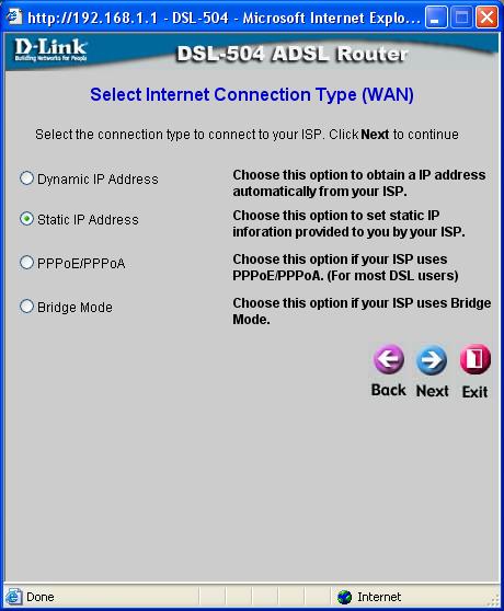 Using the Setup Wizard Static IP Address Connection Type: Next: