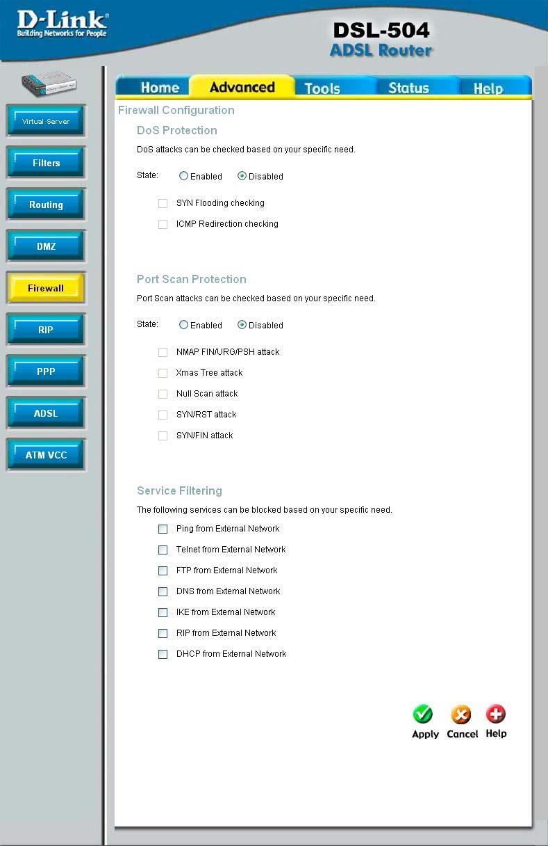 Advanced - Firewall Advanced - Firewall The Firewall Configuration menu allows the Router to enforce specific predefined policies intended to protect against certain common types of attacks.