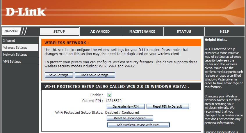 Section 3 - Configuration Wireless Settings Wi-Fi Protected Setup (WCN 2.0) Enable: Check the box to enable WPS.