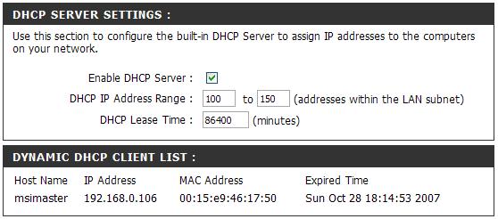 Section 3 - Configuration DHCP Server Settings The router has a built-in DHCP (Dynamic Host Control Protocol) server.