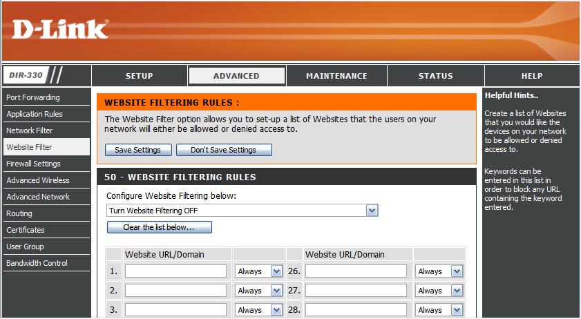 Section 3 - Configuration Website Filters Website Filters are used to deny LAN computers from accessing specific web sites by the URL or domain.