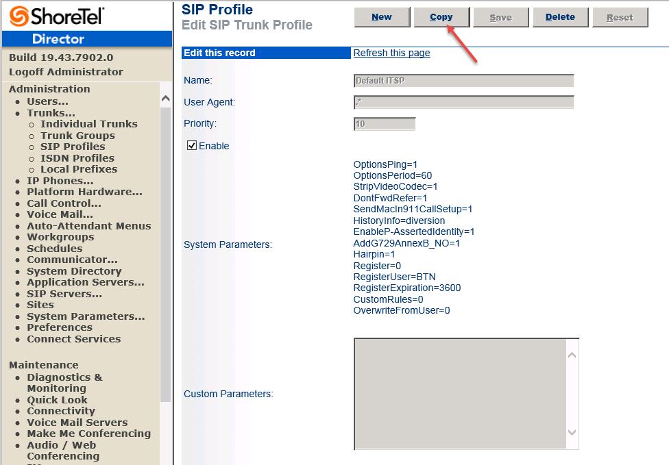 The Default ITSP SIP Profile is copied to create the SIP Profile for this test.