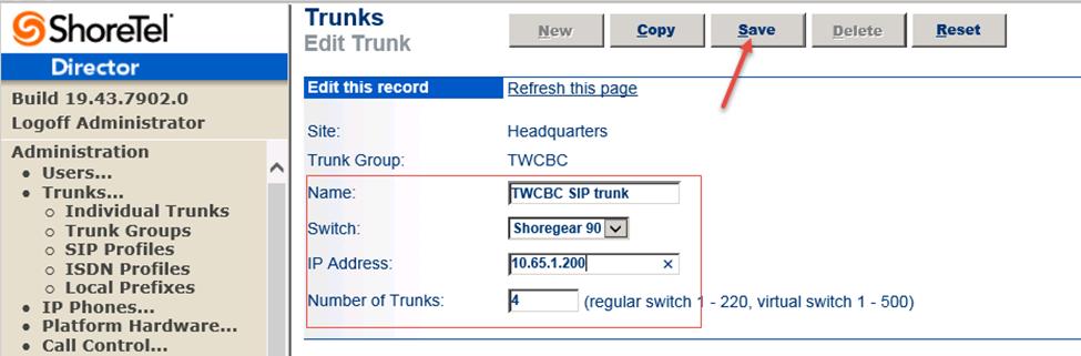 7.6.3 Create Individual Trunks Navigate to Trunks > Individual Trunks, Select Headquarters as Site and TWCBC as trunk group, click Go. 1. Set Name: TWCBC SIP trunk is used in this setup. 2.