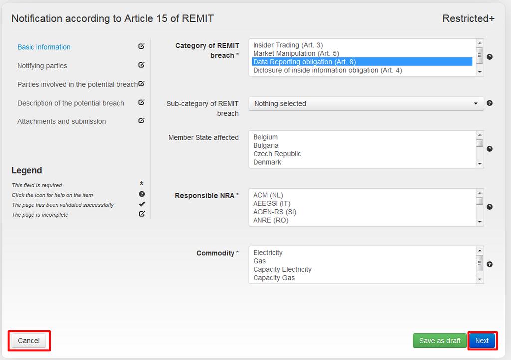 Figure 6: Example: Basic Information tab for an STR (Notification according to Article 15 of REMIT) 2.3.