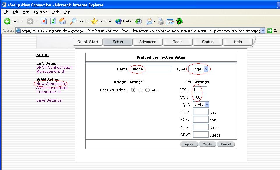 Figure 4 (Bridge Connection Setup) To complete the connection you must now click the apply button. The apply button will temporarily save this connection.