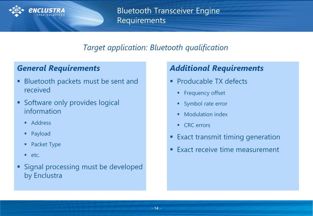 14 Requirements Let s first answer the most obvious question: Why is anybody using SoC technology for doing Bluetooth even though very cheap Bluetooth chips are available off-theshelf?