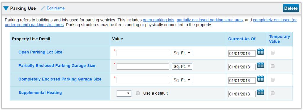 10. Scroll to the Parking Use section and, if applicable, enter the Parking Use Property Use Details.