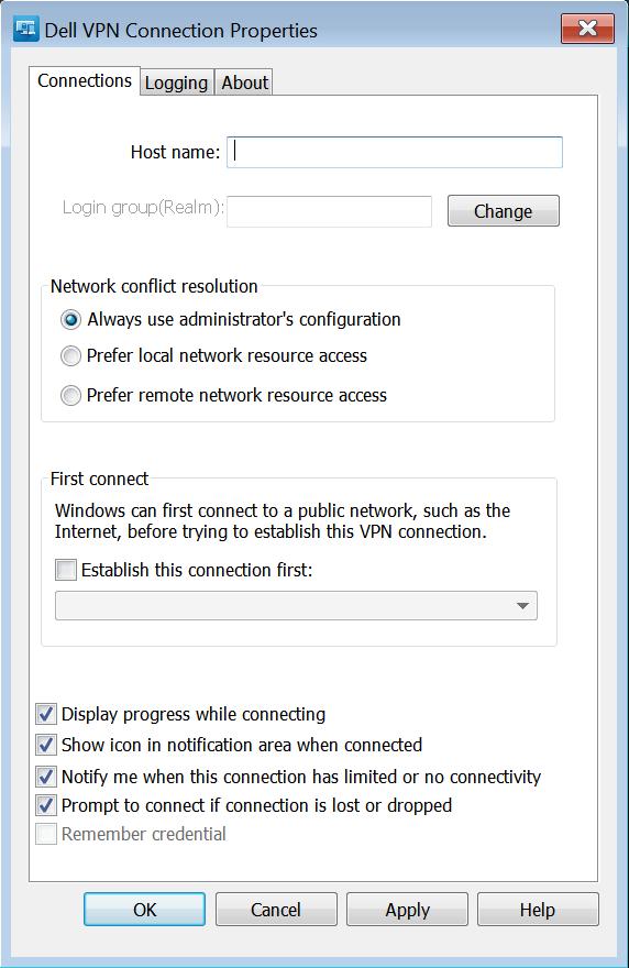 3. On the Dell VPN Connection Properties window, on the Connections tab, complete the following details, and then click OK.