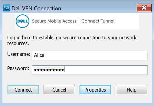 4. On the Dell VPN Connection window, enter your username and generated OTP password, and then click Connect. If the login credentials are validated, a connection will be established.