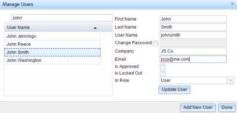User information can be updated by an administrator through the Manage Users button. Once selected, the Manage Users pop up box appears displaying a full list of users.