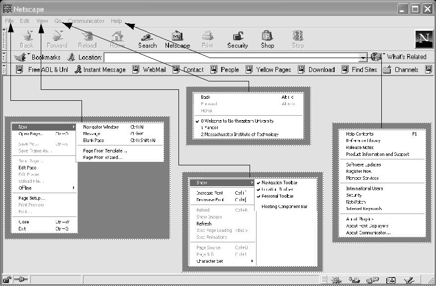 Netscape / Mozilla Modules: Navigator Inbox Newsgroups Composer Address book Instant messenger Menus: File Edit View Go