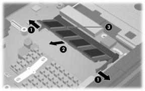 Removal and Replacement Procedures 3. Spread the retaining tabs 1 on each side of the memory module socket to release the memory module.