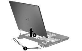Removal and Replacement Procedures 6. Position the notebook with the rear panel toward you. 7. Remove the 4 T8M2.0 8.0 screws 1 that secure the display assembly to the notebook. 8. Lift the display assembly straight up and remove it 2.