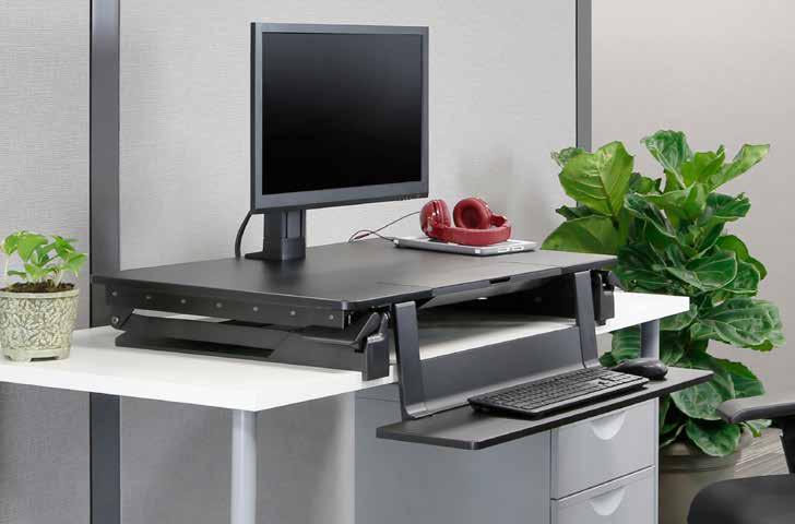 TLE: DROPDOWN KEYBOARD TRAY TS: COMPACT WORK SURFACE BLACK WORKFIT-TLE GIVE YOUR MOOD A BOOST Percentage of sit-stand desk users reporting positive impact TABLETOP: NO ASSEMBLY SLOT FOR MOBILE