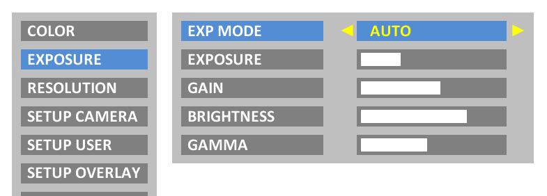 Press the button on the remote control. 2. Call up the "EXPOSURE" entry. 3. Set the value for "EXP MODE" to "AUTO" for automatic exposure. 4.