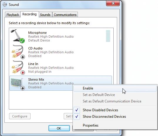 * Enabling Stereo Mix If the HD Audio Manager does not display the recording device you wish