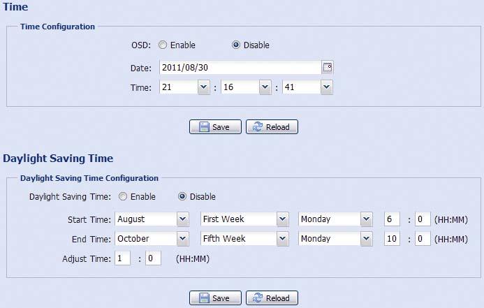 3.7.2 Time Set daylight saving time and the current time, and click Save to confirm. Function Description Time Configuration Date Set the current date.