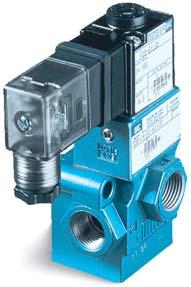 Direct solenoid and solenoid pilot operated valves Series 55 Function Port size Flow (Max) Individual mounting Series 3/2 NO-NC, 2/2 NO-NC 1/4-3/8 2.2 C v inline OPERATIONAL BENEFITS 1.