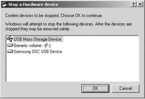 Double-click the [Unplug or Eject Hardware] icon on the task bar. 3. The [Unplug or Eject Hardware] window will open. Select the [USB Mass Storage Device] and click the [Stop] button.