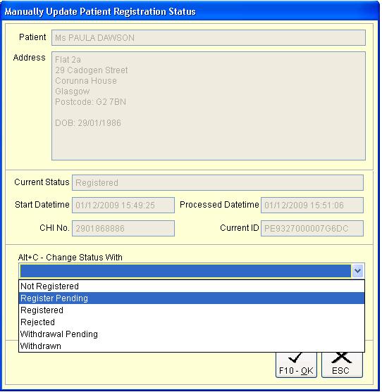 This can be done by highlighting the patient and using the [ALT+R Manually Update Registration Status] button shown in red below.