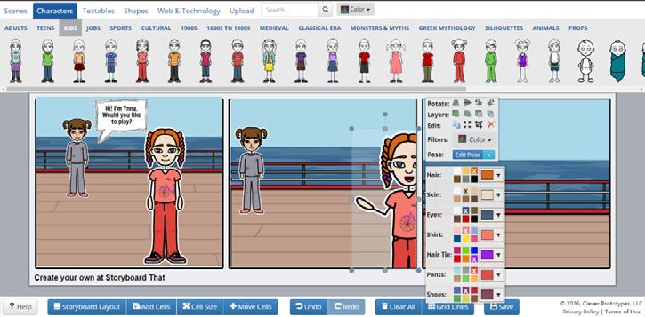 Online Educational Apps and Resources page 14 STORYBOARD THAT https://www.storyboardthat.com 1. You can create a storyboard without signing up. a. The advantage of signing up / logging in with FB is that you can save and access your work from the cloud storage.