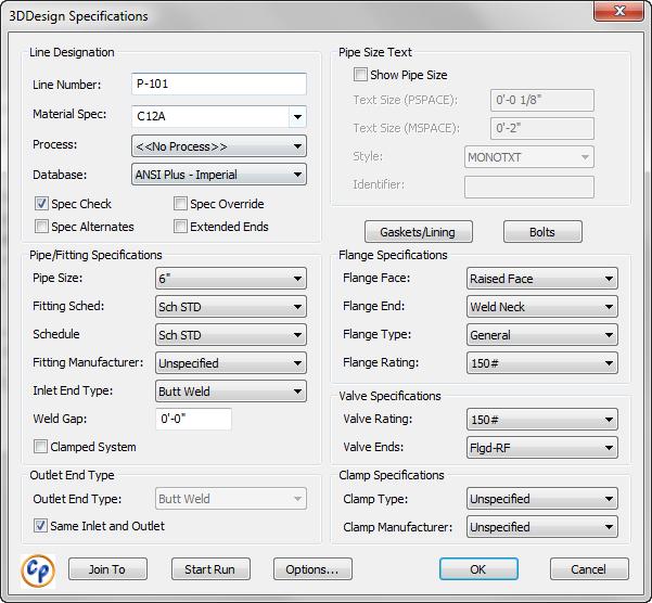 Cadpipe Specifications Specifications This dialog box shows you all of your current settings. That is, all of the parameters that define the pipe or fittings that you are going to place.