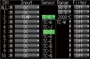 (Note: Select "DC" for voltage measurement, and "TEMP" for temperature measurement.) 1. Press the [MENU] key to display the setup menu screen. 2.