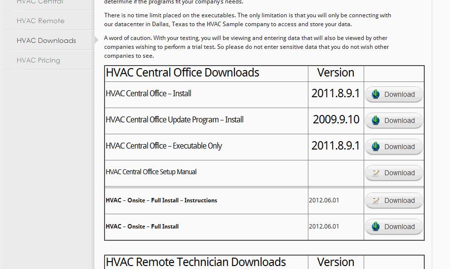 In the HVAC Downloads section, go to the HVAC Central Downloads area, and download and run the HVAC Onsite Install setup executable.