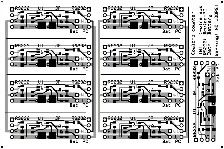 Figure 6. PCB. Black top layer, gray bottom layer. CONCLUSION The paper suggests a solution for the monitoring power consumption of wireless link based on high precision coulomb counter DS2740.