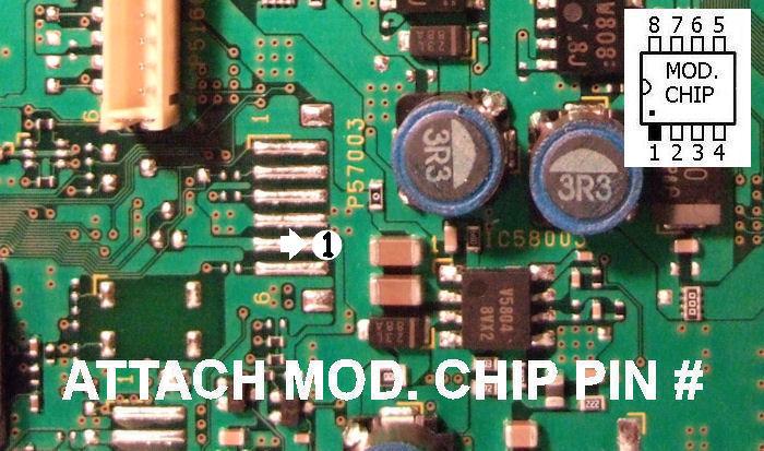 Mod. chip pin #1 should be connected to the