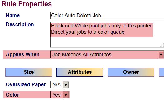 Option #2 Auto-delete Rule for Color Printing Navigate to Printing Rules 1. Add a New Rule 2. Name: Give it a Name 3.