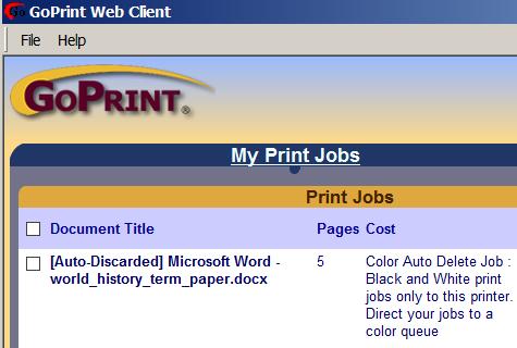 When a print job is sent matching the rule an Auto-Discarded message is appended to the document title along with the description and is clearly displayed at the web client or release station.