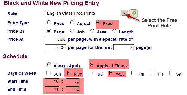 Rule: select the rule to apply Entry Type: leave the default of Free Schedule Select the Apply at times radio button. The Time Schedule expands!