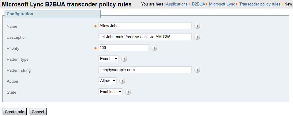 Configuring the VCS Allow rule (for example, allow john@example.com to use the Cisco AM GW) Deny rule (for example, deny all) Pattern type Exact Regex Pattern string john@example.com for example.