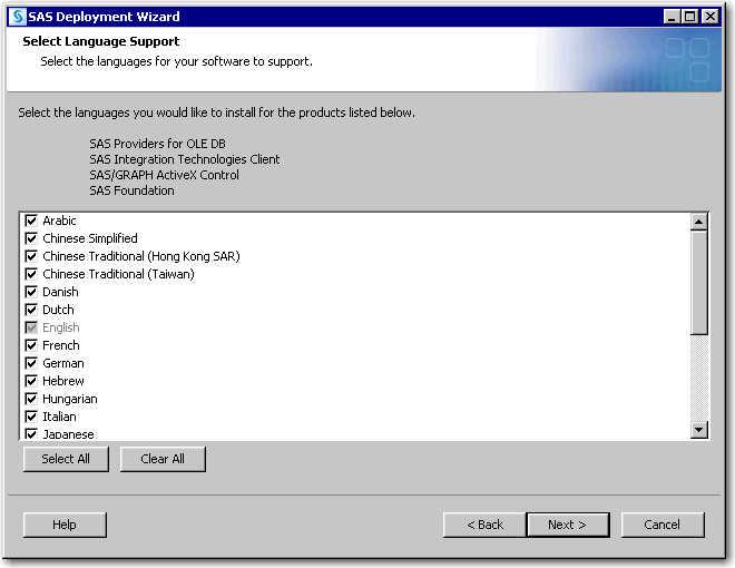 Step 4: Install and Configure SAS 25 11 Select Language Support Click Clear All.