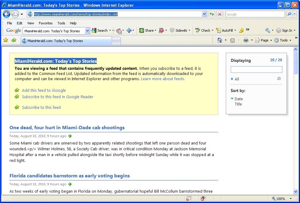 Entering a User Feed As an example of how one can add their own feed, lets add a feed to the Feed Pool for the Miami Herald.