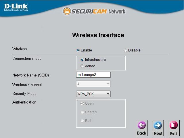 Section 3 - Configuration Enable wireless settings and enter your wireless network information. Select your wireless security settings, and click Next.