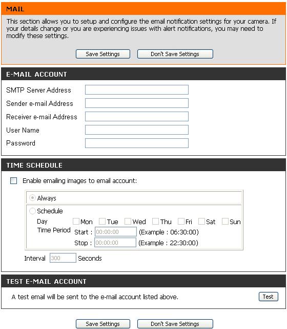 Section 3 - Configuration Setup > Mail Email Account In this section, you can configure the email notification settings for your camera.