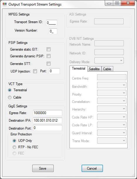 Right click on IP Output port and select Edit Transport Stream and edit GigE settings (Figure 8). a. Egress Rate: Total output bitrate entered as bps. Null packets will be used to fill.