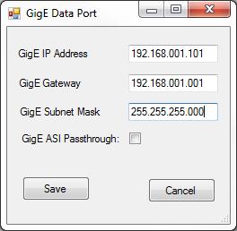 b. GigE Gateway: Gateway IP address for GigE data port. c. GigE Subnet Mask: Subnet Mask for GigE data port. d. GigE ASI Passthrough: When Passhthrough mode is enabled the incoming transport stream on ASI1 is passed to IP 1 output exactly as it comes in.