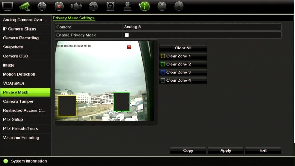 Chapter 10: Camera setup To setup a privacy mask: 1. From the menu toolbar, click Camera Setup > Privacy Mask. 2. Select the camera for which to set up privacy masking. 3.