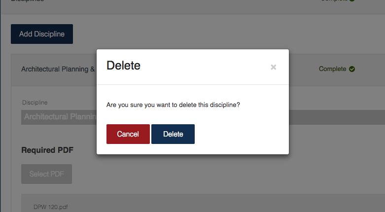 Figure 15: Delete confirmation modal for disciplines Figure 16: Modal showing the status of the delete action 1.