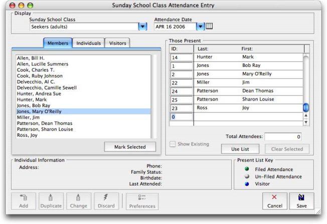 If you have selected "Auto load class into 'Attended' list" under Attendance System Preferences, those enrolled in the class will automatically display on the right hand side of the window as seen
