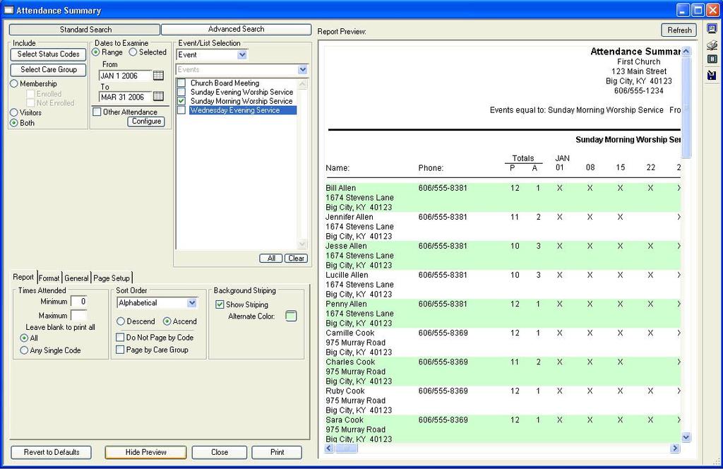 Attendance Summary This report gives a summary of attendance for a given Event, Class or Service. This report setup window is very similar to the other windows shown above.