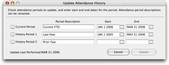 Update Attendance History The Update Attendance History routine updates the attendance information displayed in the Attendance (or Visits/Attend.