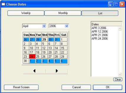Click the List button at the top of the Choose Dates window for the final option for choosing the dates to appear on the Attendance Worksheet by Date.