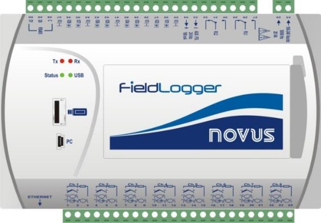 Fig. 12 - FieldLogger front panel FieldLogger has two rows of terminals for diverse connections; among them are the following items: Ethernet, input connections, power supply, output relays,