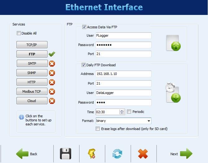 ETHERNET INTERFACE CONFIGURATION FTP The FTP button allows you to configure the options related to the FTP services.