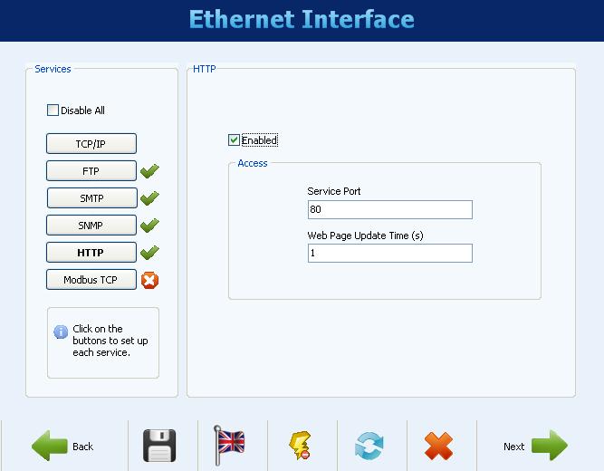 ETHERNET INTERFACE CONFIGURATION HTTP The HTTP button enables FieldLogger to serve a web page with some data from the equipment.