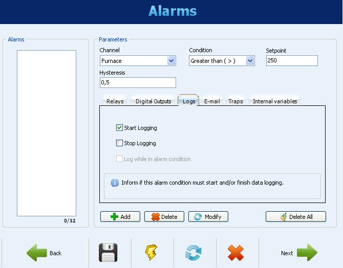 Alarms Configuration - Digital outputs selection
